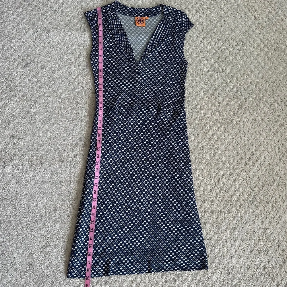 Tory Burch Geometric Print Cap Sleeve Midi Dress Navy/White S Designer Office